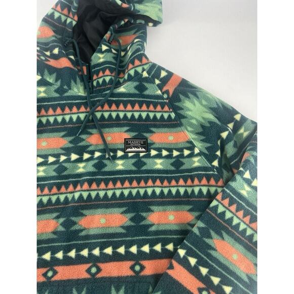Massive Outdoor Fleece Womens Extra Large Blue Teal Hooded Sweatshirt Aztec - Picture 3 of 11
